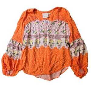 Anthropologie Maeve Ceresco Orange Floral Peasant Blouse Women's Size XS